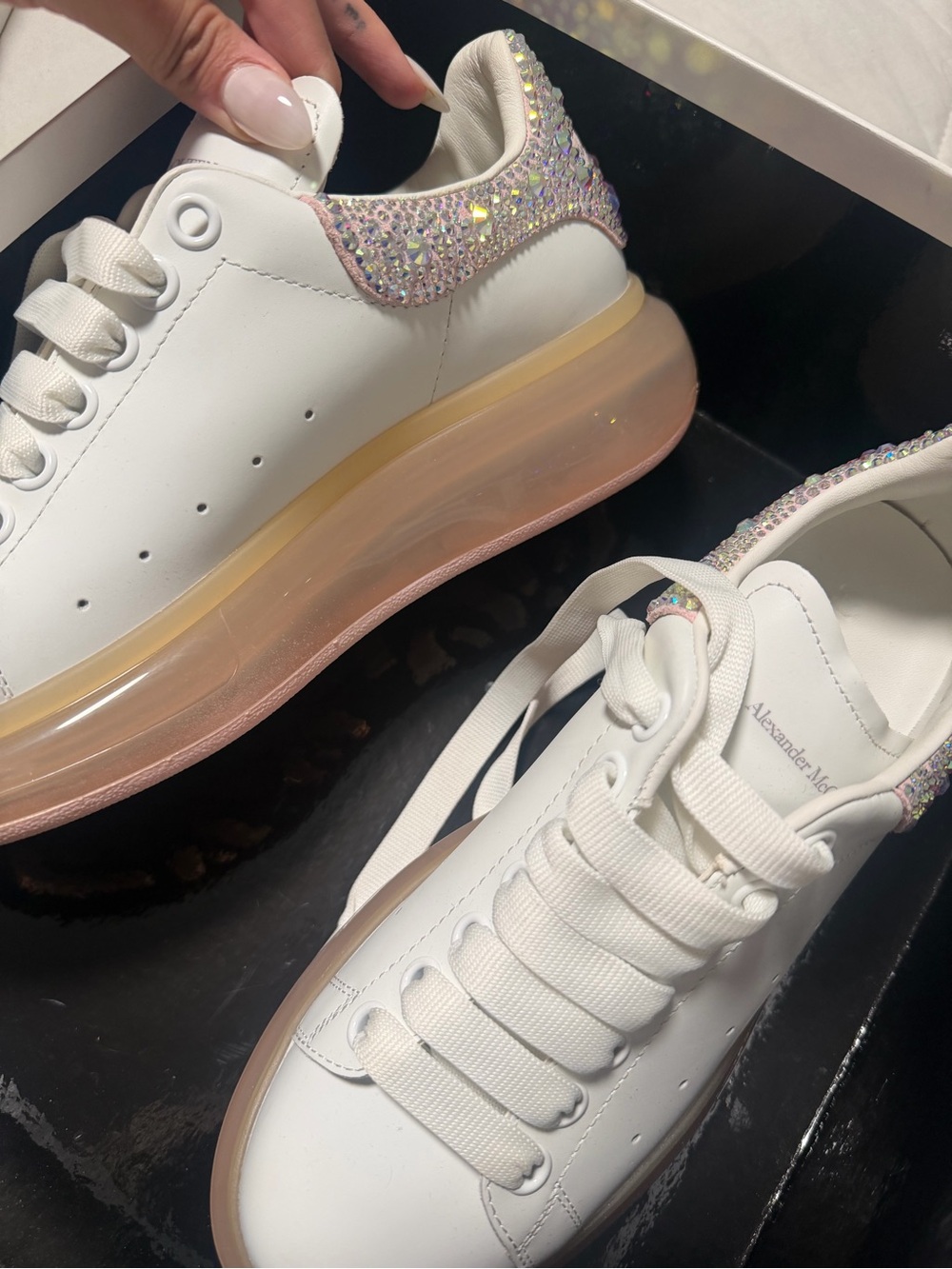 Alexander McQueen White Platform Sneakers with Pink Iridescent Crystal Heel